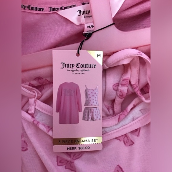 NWT Juicy Couture Pink Bow Print 3 Pajama Set Cardigan Rhinestone JC logo Size M - Picture 4 of 5